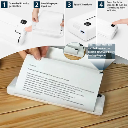 Portable Wireless Thermal Printer for Travel, Bluetooth Printer Support A4 Thermal Paper, Thermal Tattoo Printer, Compatible with Android & Ios Phone, Inkless Printer for Office, Home, School