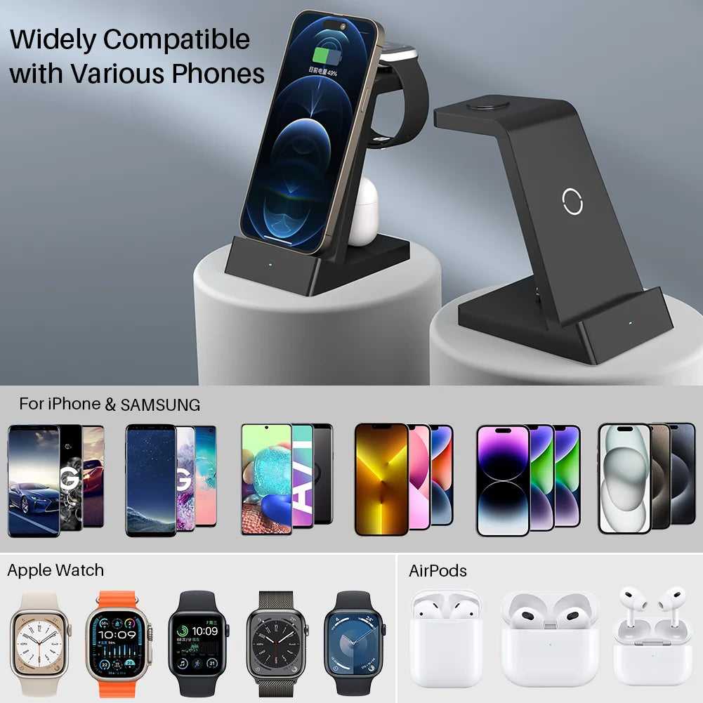 Wireless Charger Station for Iphone Multiple Devices 3 in 1 Fast Wireless Charging Stand Dock for Apple Watch, Airpods, Iphone 14 13 12 11 Pro X Max XS XR 8 plus Series