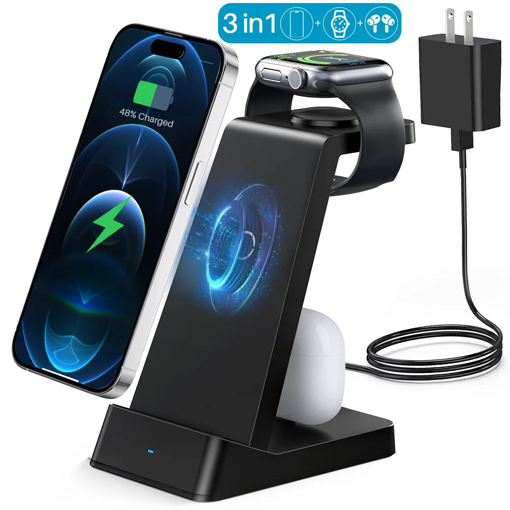 Wireless Charger Station for Iphone Multiple Devices 3 in 1 Fast Wireless Charging Stand Dock for Apple Watch, Airpods, Iphone 14 13 12 11 Pro X Max XS XR 8 plus Series